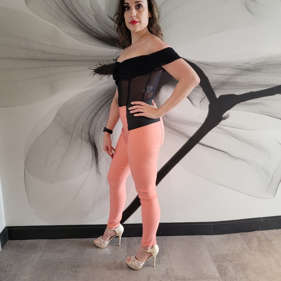 Women’s High Waisted Skinny Pants – Coral/Peach/Salmon with Black Elastic Waist - Picture 10 of 13